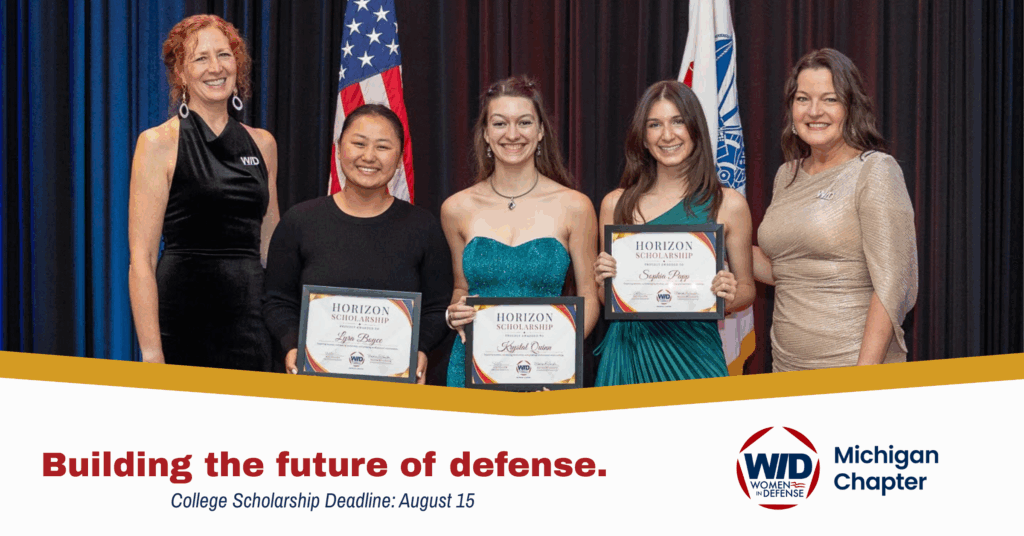 Scholarship recipients hold awards. Text beneath them reads, "Building the future of defense. College scholarship deadline: August 15."